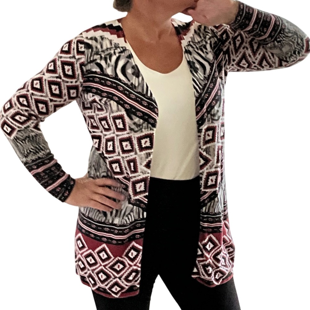 Chico's Women's 1 Sm 8 Open Front Cardigan Sweater Geometric Print‎ Long Sleeve
